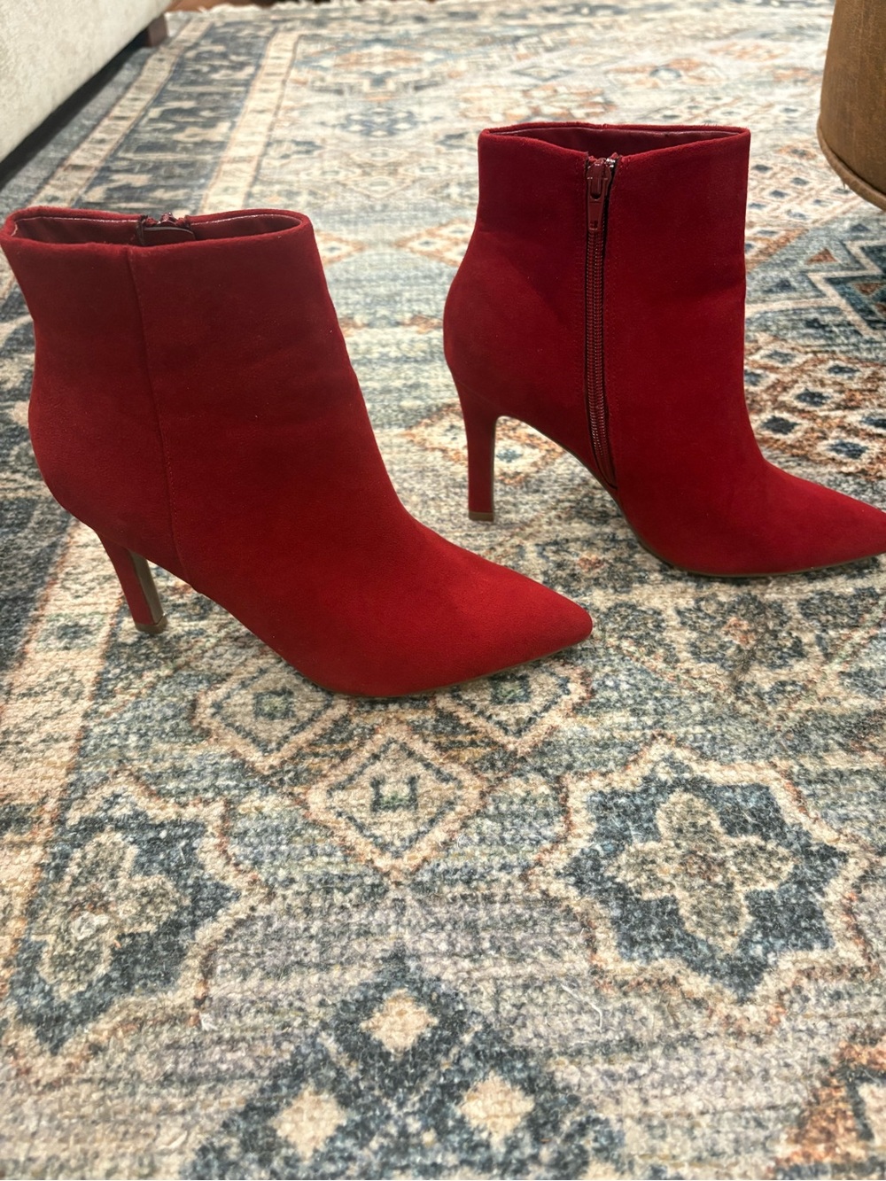 Sugar Red Suede Pointed Toe Ankle Booties with Side Zip